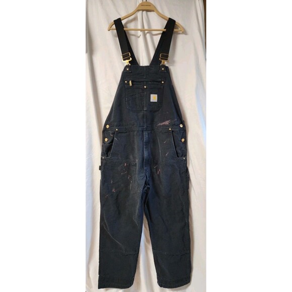 Men Carhartt Relaxed Fit Duck RO1-M Overalls Size 40x32 Black Double Knee Paint - Picture 1 of 11